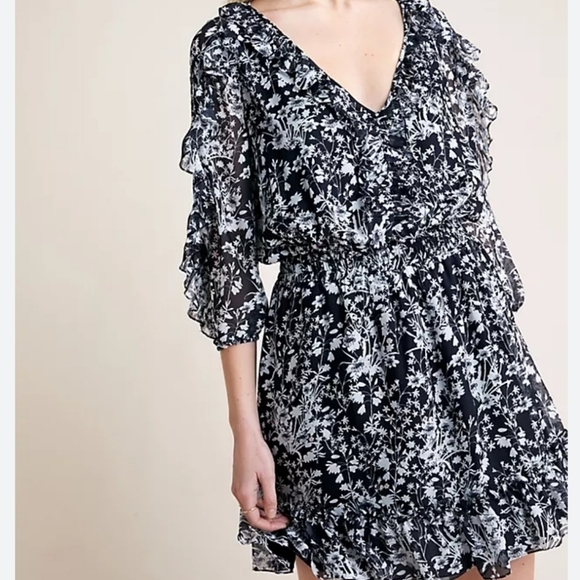 Shoshanna Praiano Silk Black Floral Print V Neck Ruffle Trim Mini Dress Size 2 - Picture 1 of 16
